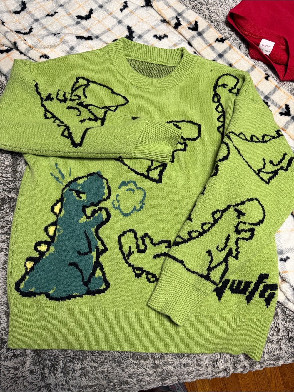 Green Dinosaur Crewneck Sweater - Women's Casual Knit